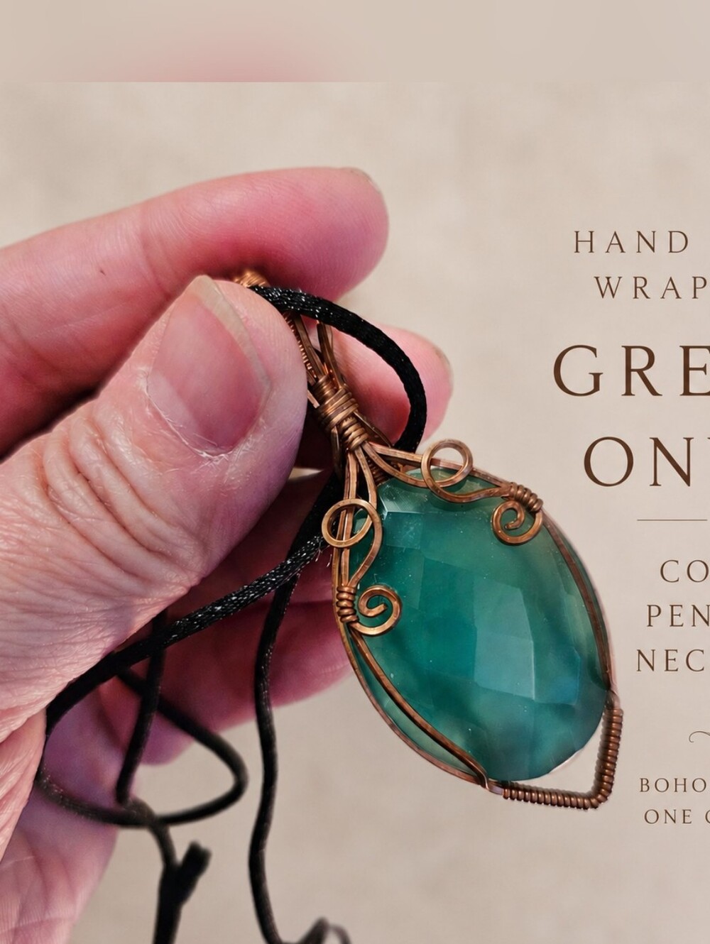 Hand Wire Wrapped Green Onyx Pendant Necklace – Faceted Green Onyx in Copper